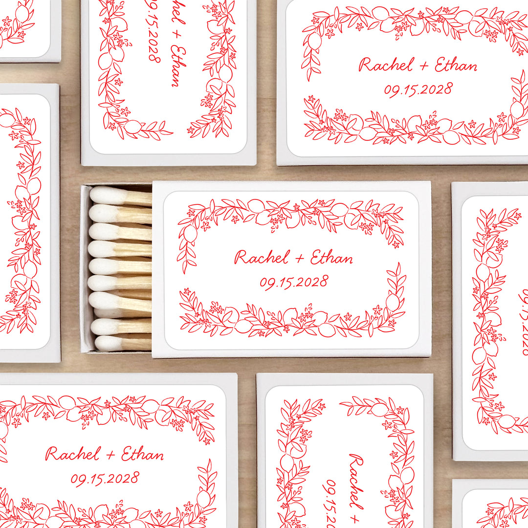 Wedding Favor Matches, Amalfi Coast Sketch Pattern, Hand Drawn Mediterranean Floral Matchboxes