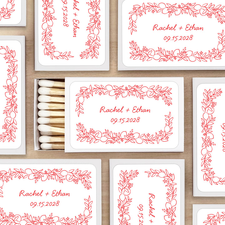 Wedding Favor Matches, Amalfi Coast Sketch Pattern, Hand Drawn Mediterranean Floral Matchboxes