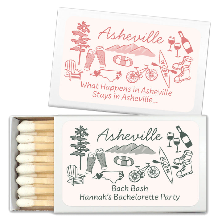 Custom Wedding Matches, Girls Weekend, Hand Drawn Asheville Bachelorette Matches (Set of 50)