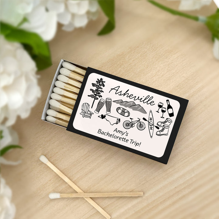 Custom Wedding Matches, Girls Weekend, Hand Drawn Asheville Bachelorette Matches (Set of 50)