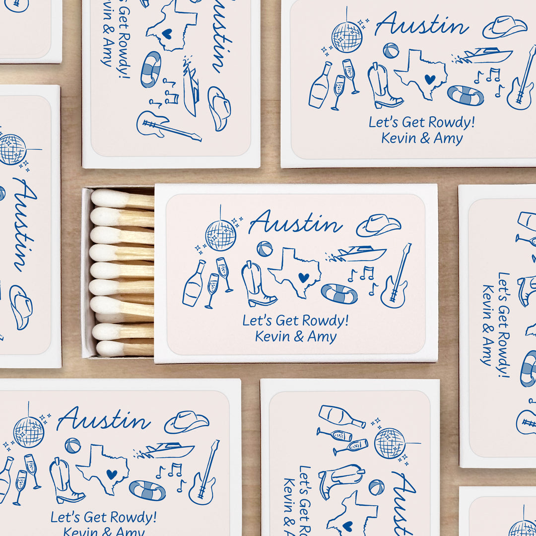 Custom Wedding Matches, Girls Weekend, Hand Drawn Austin Bachelorette Matches (Set of 50)