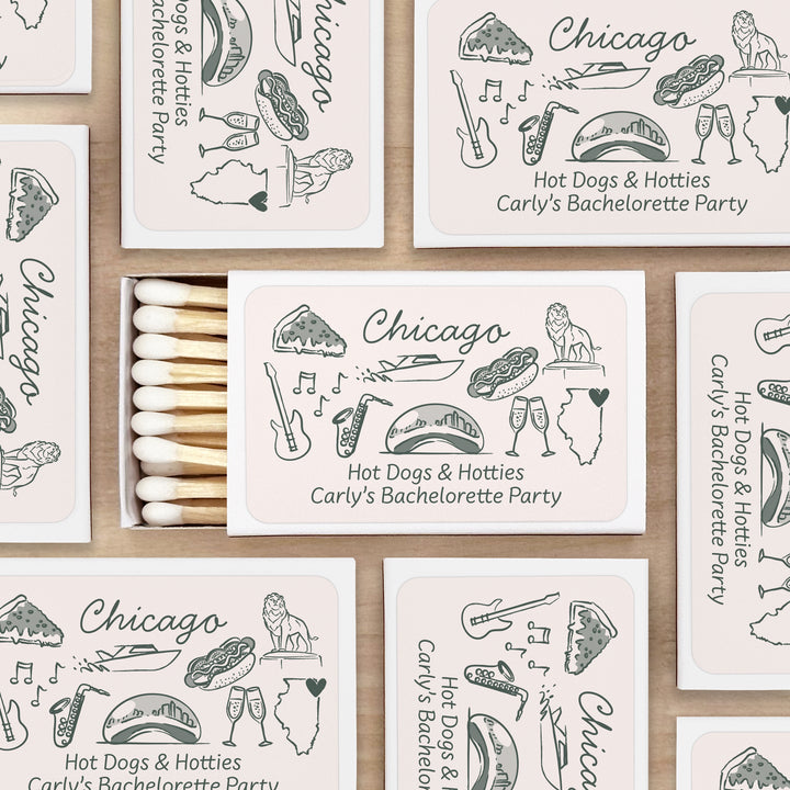 Custom Wedding Matches, Girls Weekend, Hand Drawn Chicago Bachelorette Matches (Set of 50)