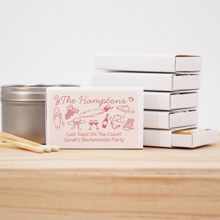 Custom Wedding Matches, Girls Weekend, Hand Drawn Hamptons Bachelorette Matches (Set of 50)