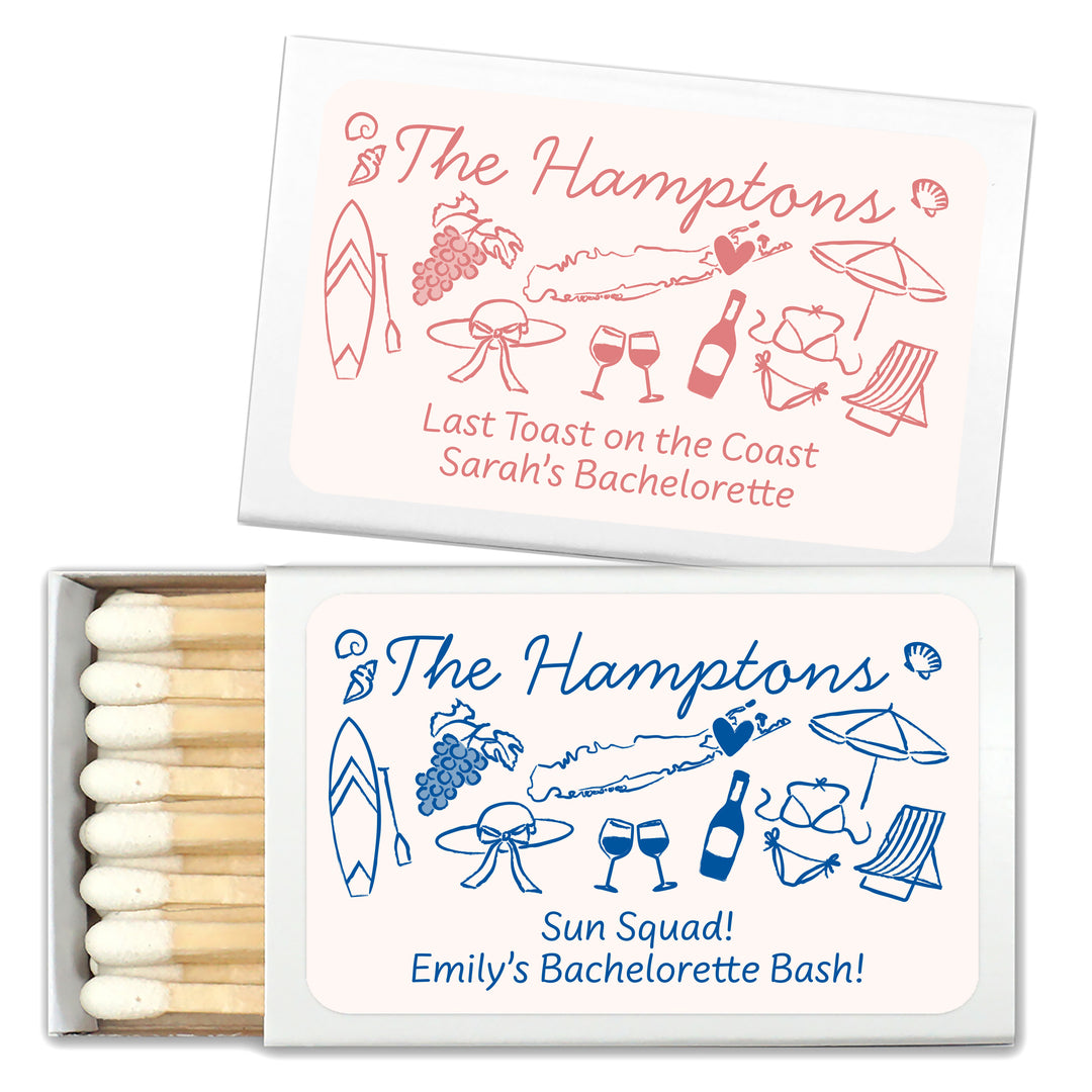 Custom Wedding Matches, Girls Weekend, Hand Drawn Hamptons Bachelorette Matches (Set of 50)