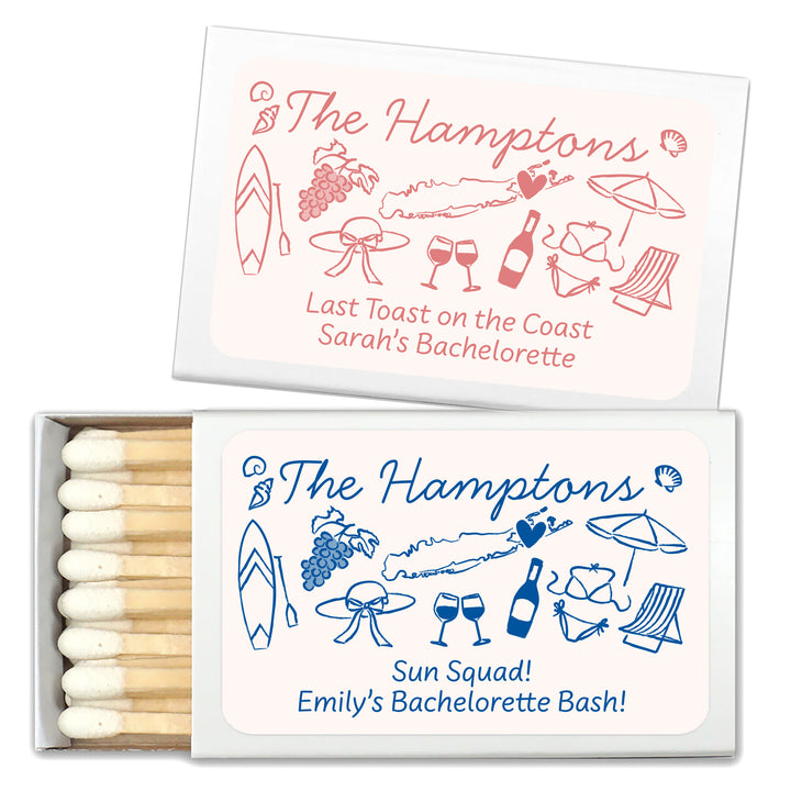 Custom Wedding Matches, Girls Weekend, Hand Drawn Hamptons Bachelorette Matches (Set of 50)