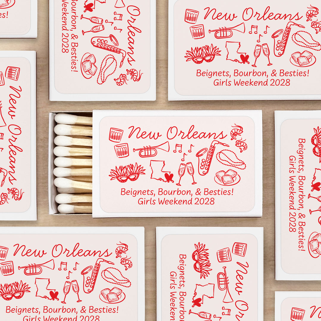 Custom Wedding Matches, Girls Weekend, Hand Drawn New Orleans Bachelorette Matches (Set of 50)