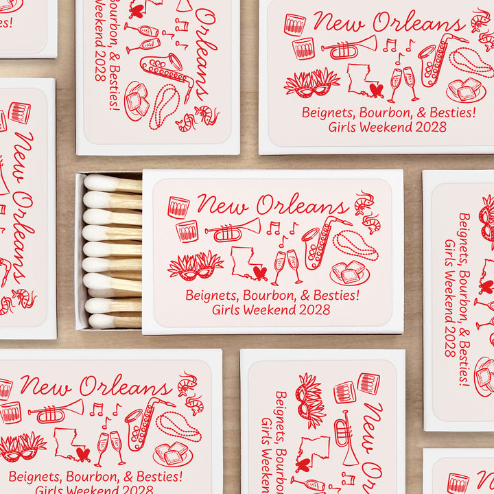 Custom Wedding Matches, Girls Weekend, Hand Drawn New Orleans Bachelorette Matches (Set of 50)