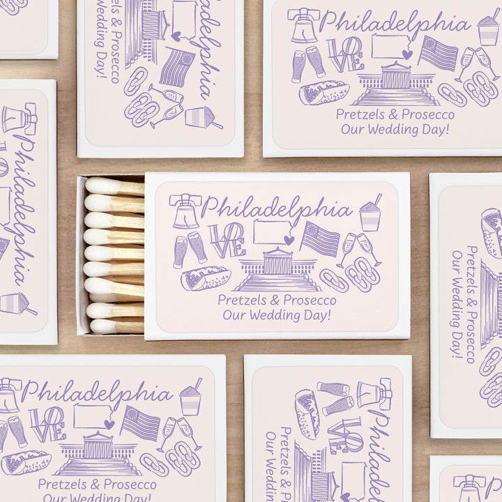 Custom Wedding Matches, Girls Weekend, Hand Drawn Philadelphia Bachelorette Matches (Set of 50)