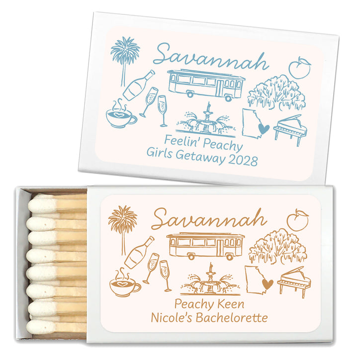 Custom Wedding Matches, Girls Weekend, Hand Drawn Savannah Bachelorette Matches (Set of 50)