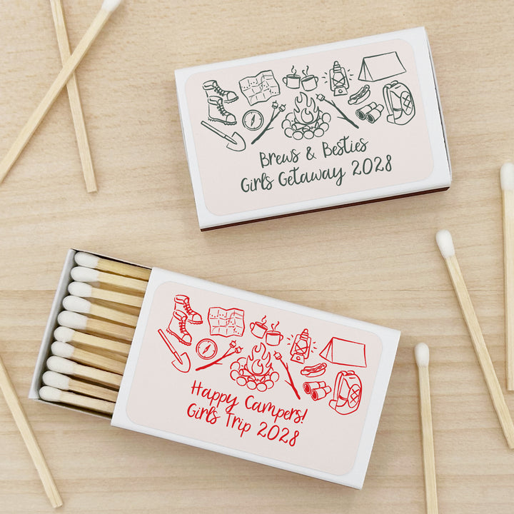 Custom Wedding Matches, Girls Weekend, Hand Drawn Camp Bachelorette Matches (Set of 50)
