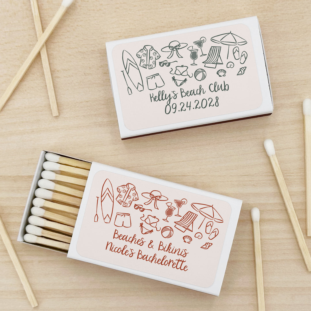 Custom Wedding Matches, Girls Weekend, Hand Drawn Beach Bachelorette Matches (Set of 50)