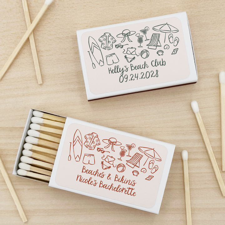 Custom Wedding Matches, Girls Weekend, Hand Drawn Beach Bachelorette Matches (Set of 50)