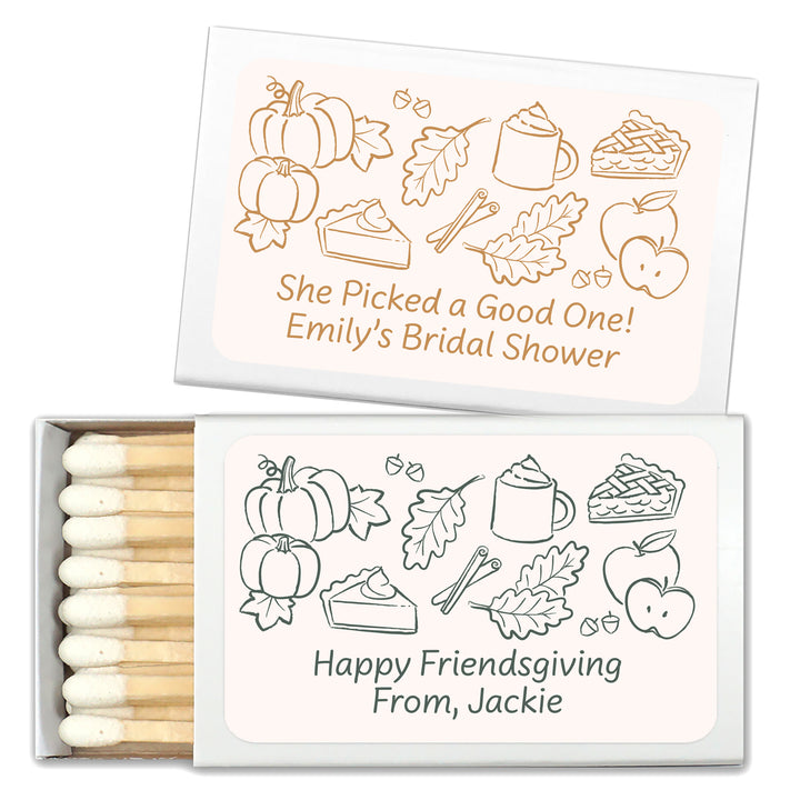 Fall Doodle Matchbox Favors and Gifts, Bridal Shower, Friendsgiving, Baby Shower, Wedding Matches - Set of 50
