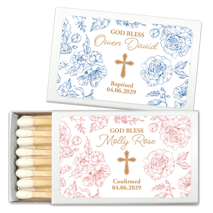 Baptism Favor Matches, First Holy Communion, Chinoiserie Toile Baptism Matches (Set of 50)