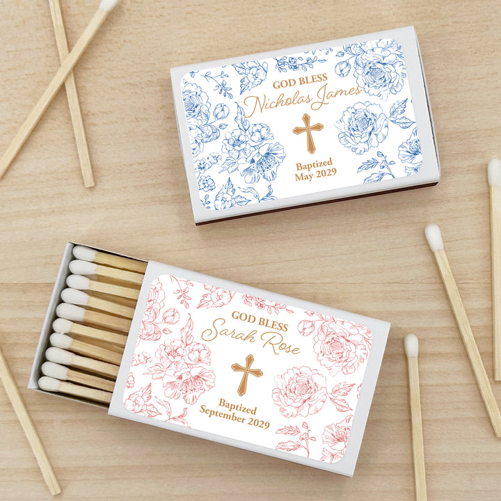 Baptism Favor Matches, First Holy Communion, Chinoiserie Toile Baptism Matches (Set of 50)