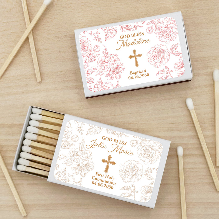 Baptism Favor Matches, First Holy Communion, Chinoiserie Toile Baptism Matches (Set of 50)