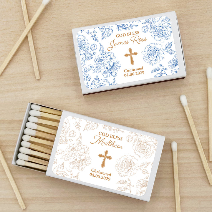 Baptism Favor Matches, First Holy Communion, Chinoiserie Toile Baptism Matches (Set of 50)