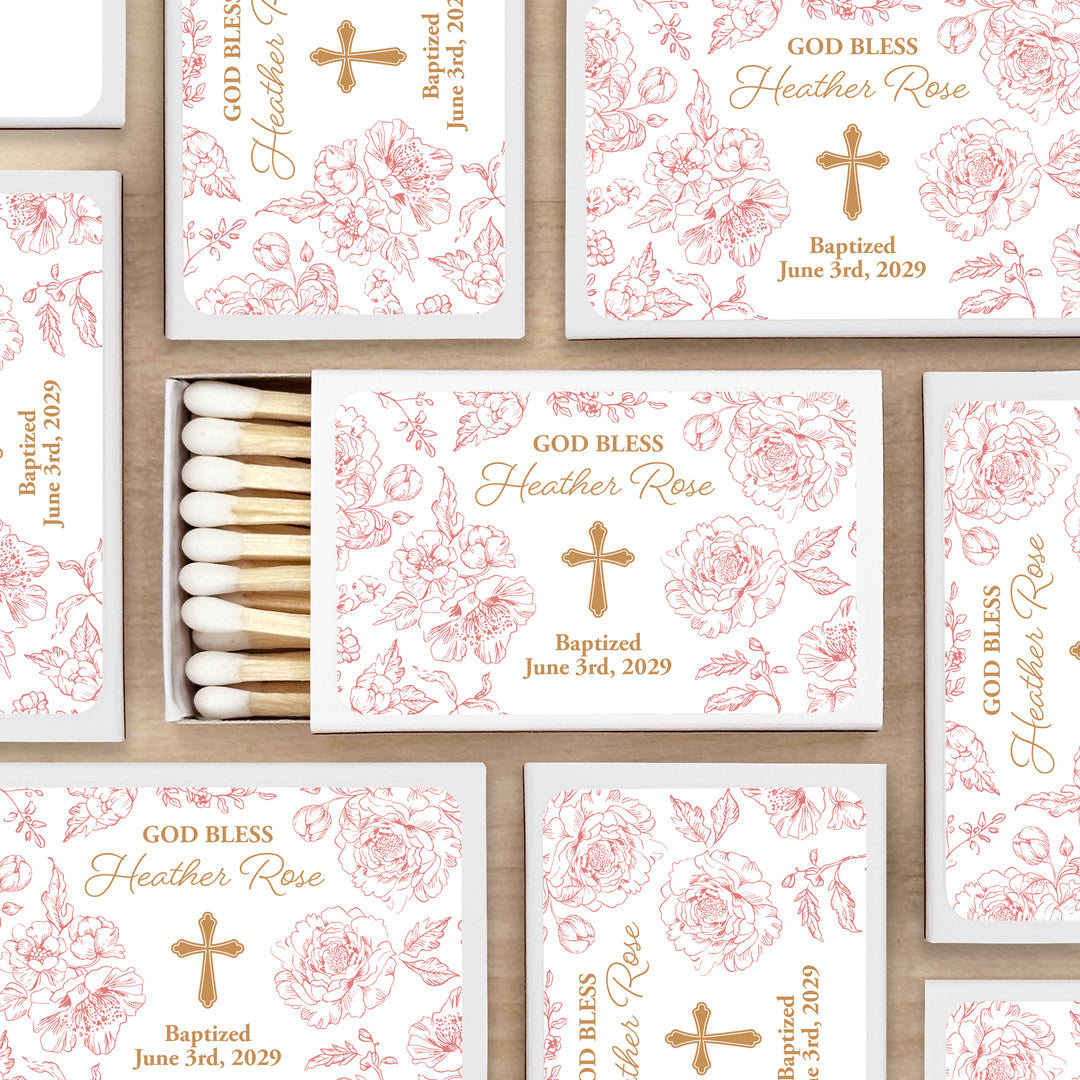 Baptism Favor Matches, First Holy Communion, Chinoiserie Toile Baptism Matches (Set of 50)