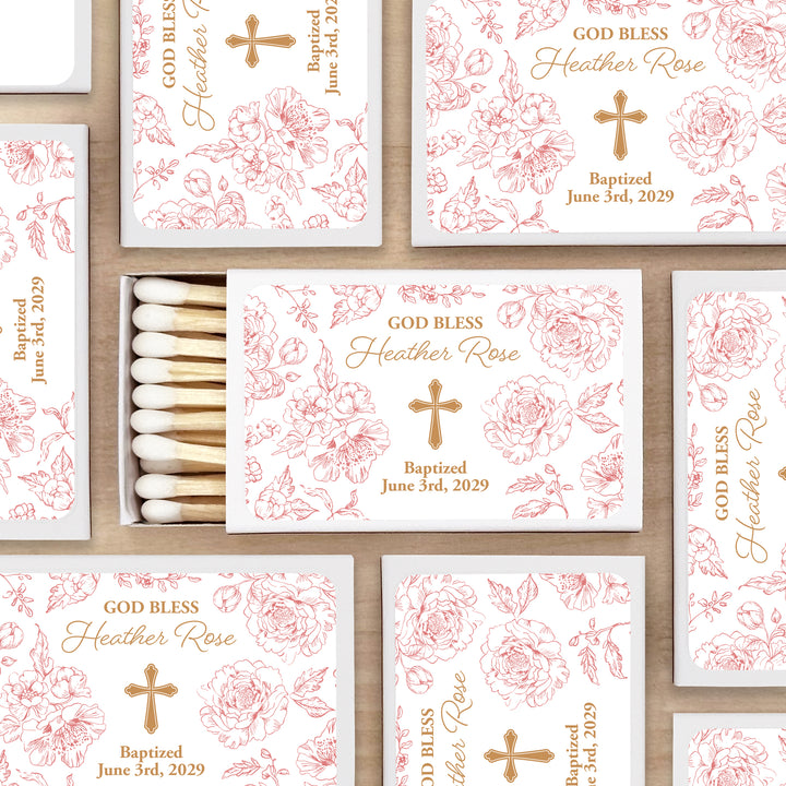 Baptism Favor Matches, First Holy Communion, Chinoiserie Toile Baptism Matches (Set of 50)