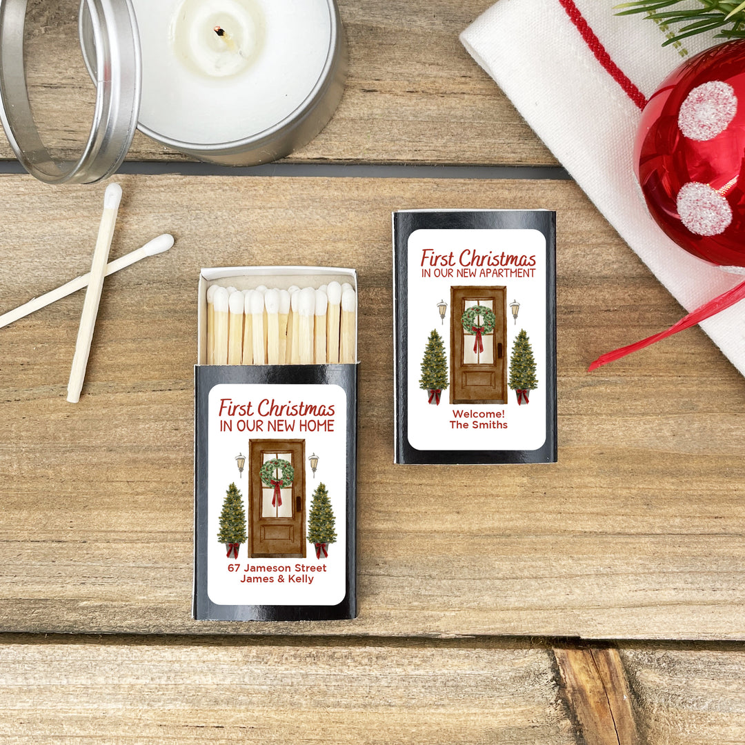 First Christmas in our New Home Matchboxes, Personalized Holiday Party Favors - Set of 50