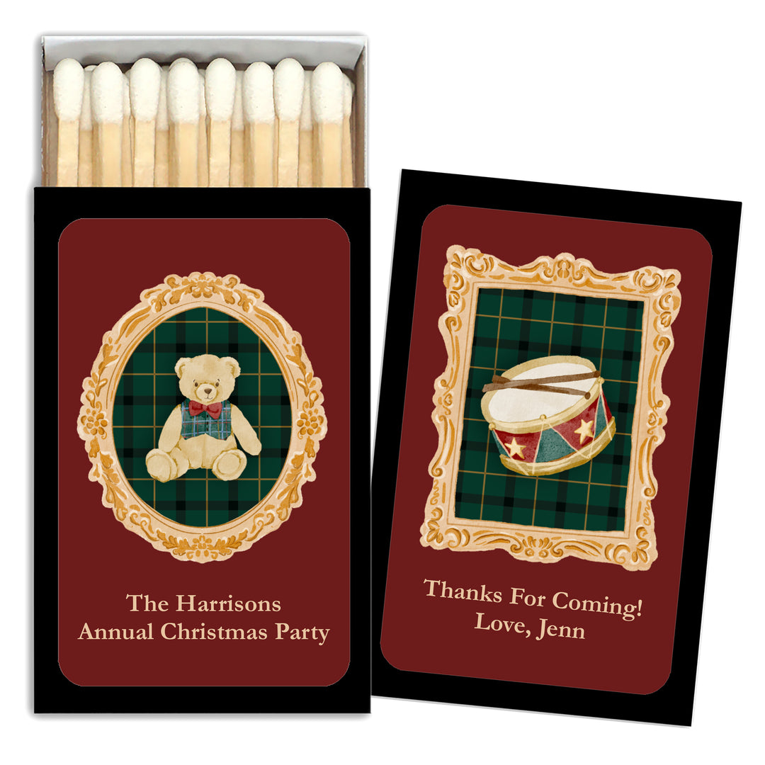 Traditional Christmas Matchboxes, Personalized Holiday Party Favors, Gold Frame Christmas Matches - Set of 50