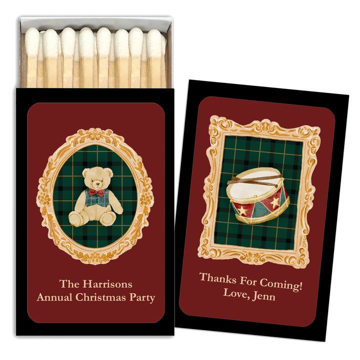 Traditional Christmas Matchboxes, Personalized Holiday Party Favors, Gold Frame Christmas Matches - Set of 50