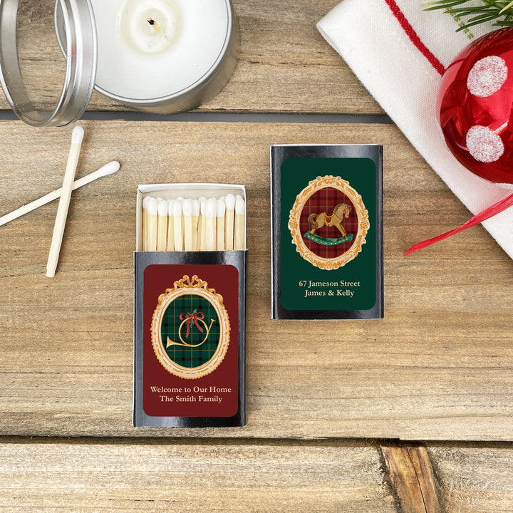 Traditional Christmas Matchboxes, Personalized Holiday Party Favors, Gold Frame Christmas Matches - Set of 50