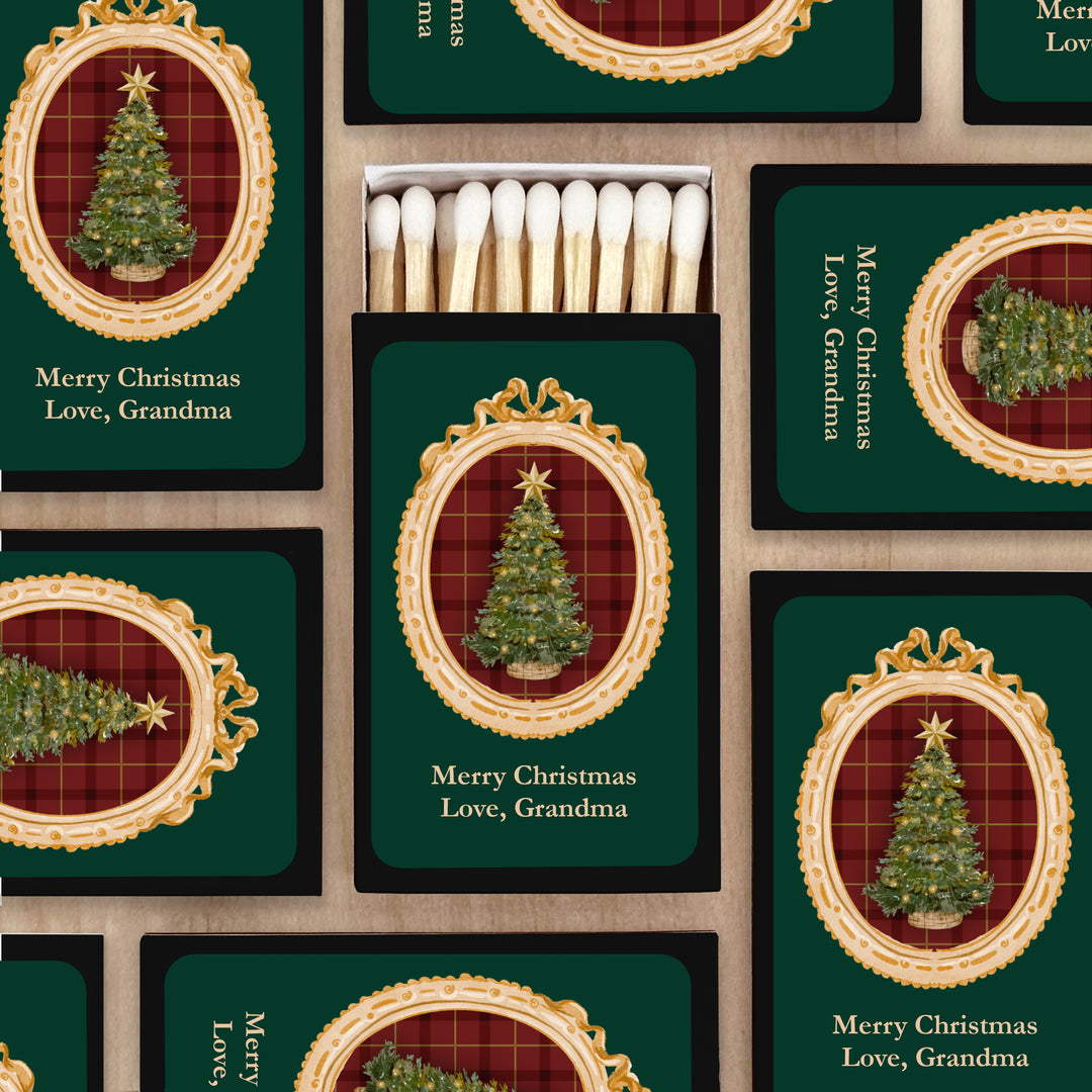 Traditional Christmas Matchboxes, Personalized Holiday Party Favors, Gold Frame Christmas Matches - Set of 50
