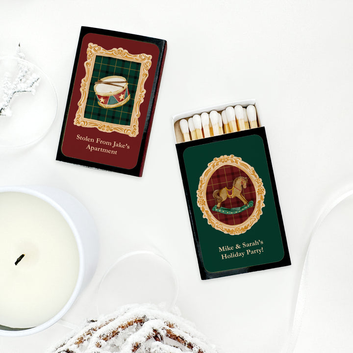 Traditional Christmas Matchboxes, Personalized Holiday Party Favors, Gold Frame Christmas Matches - Set of 50