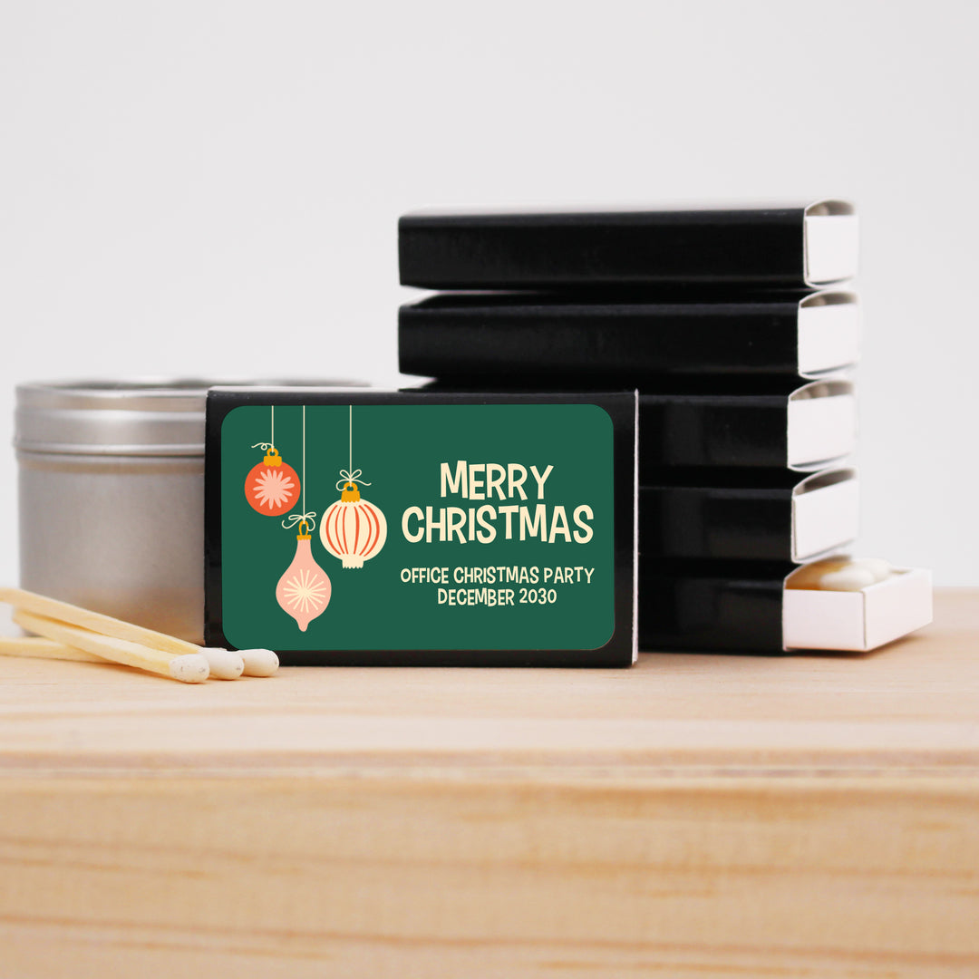 Mid-Century Christmas Matchboxes, Personalized Holiday Party Favors - Set of 50