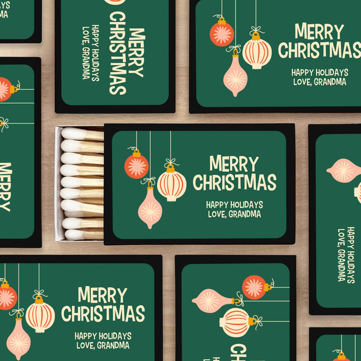 Mid-Century Christmas Matchboxes, Personalized Holiday Party Favors - Set of 50