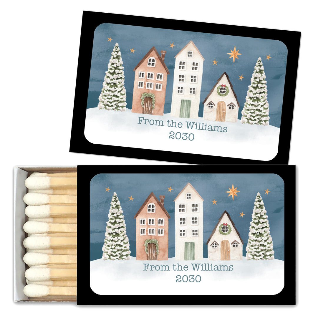 Watercolor Christmas Village Matchboxes, Personalized Holiday Party Favors - Set of 50