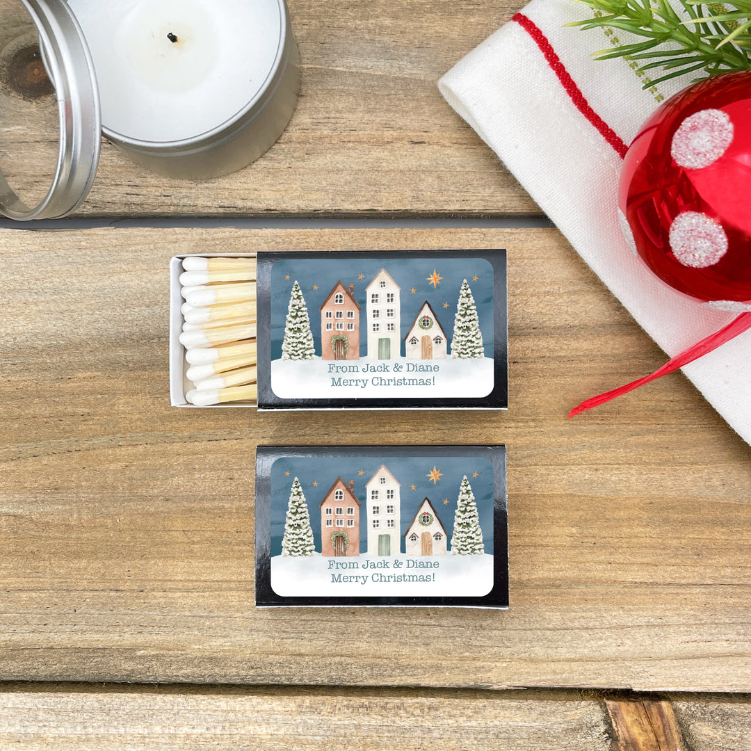 Watercolor Christmas Village Matchboxes, Personalized Holiday Party Favors - Set of 50