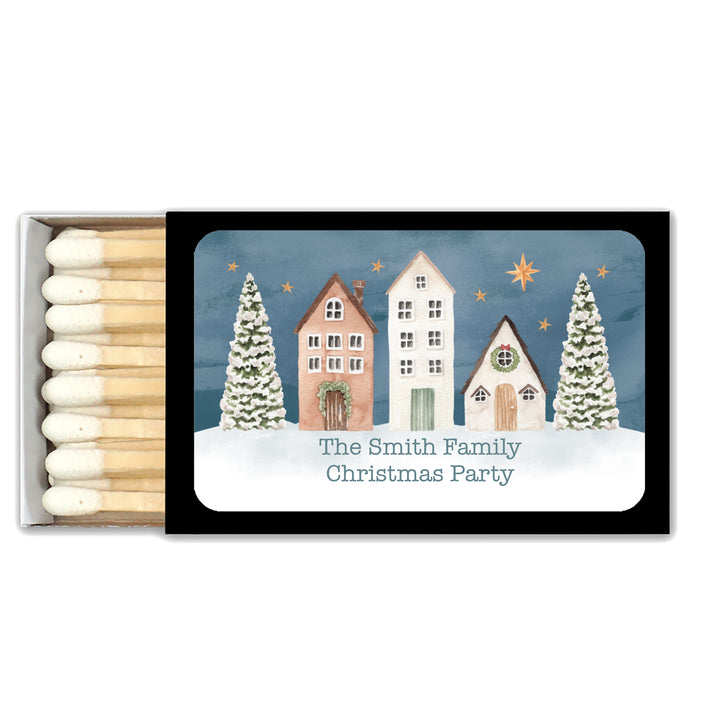Watercolor Christmas Village Matchboxes, Personalized Holiday Party Favors - Set of 50