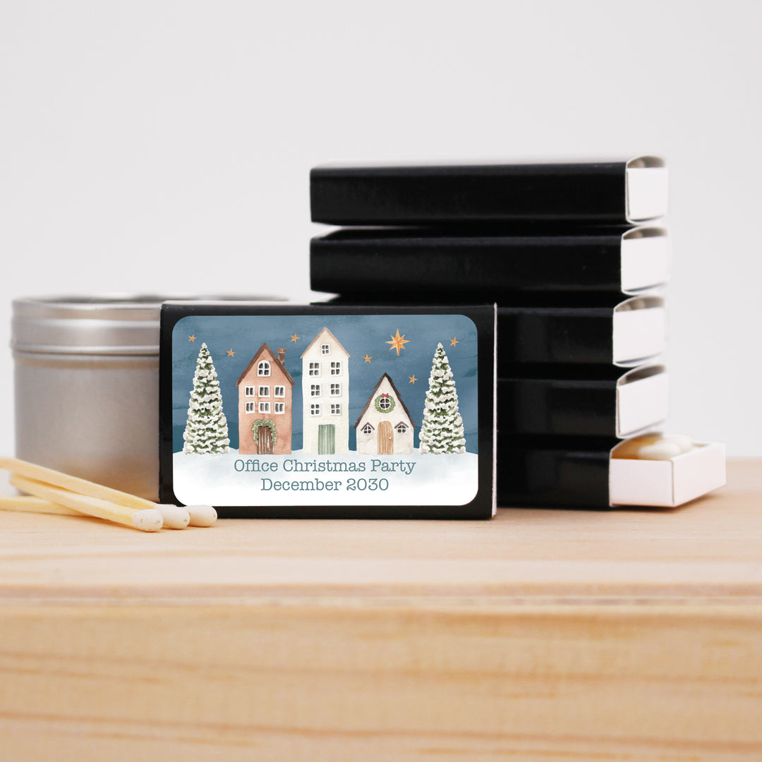 Watercolor Christmas Village Matchboxes, Personalized Holiday Party Favors - Set of 50