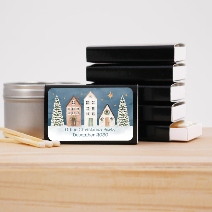 Watercolor Christmas Village Matchboxes, Personalized Holiday Party Favors - Set of 50