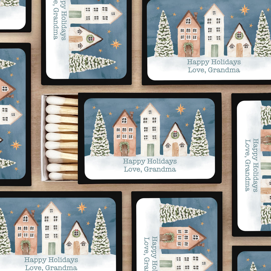 Watercolor Christmas Village Matchboxes, Personalized Holiday Party Favors - Set of 50