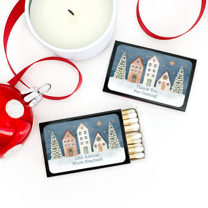Watercolor Christmas Village Matchboxes, Personalized Holiday Party Favors - Set of 50