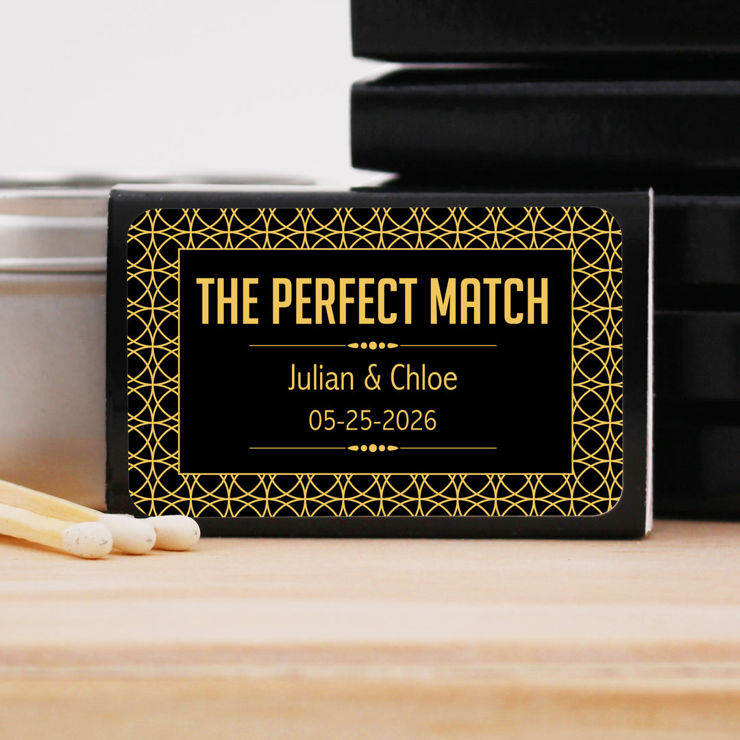 Wedding Favor Matches, "Perfect Match" Custom Matches, Personalized Matchboxes, Art Deco Wedding Vibe - Set of 50