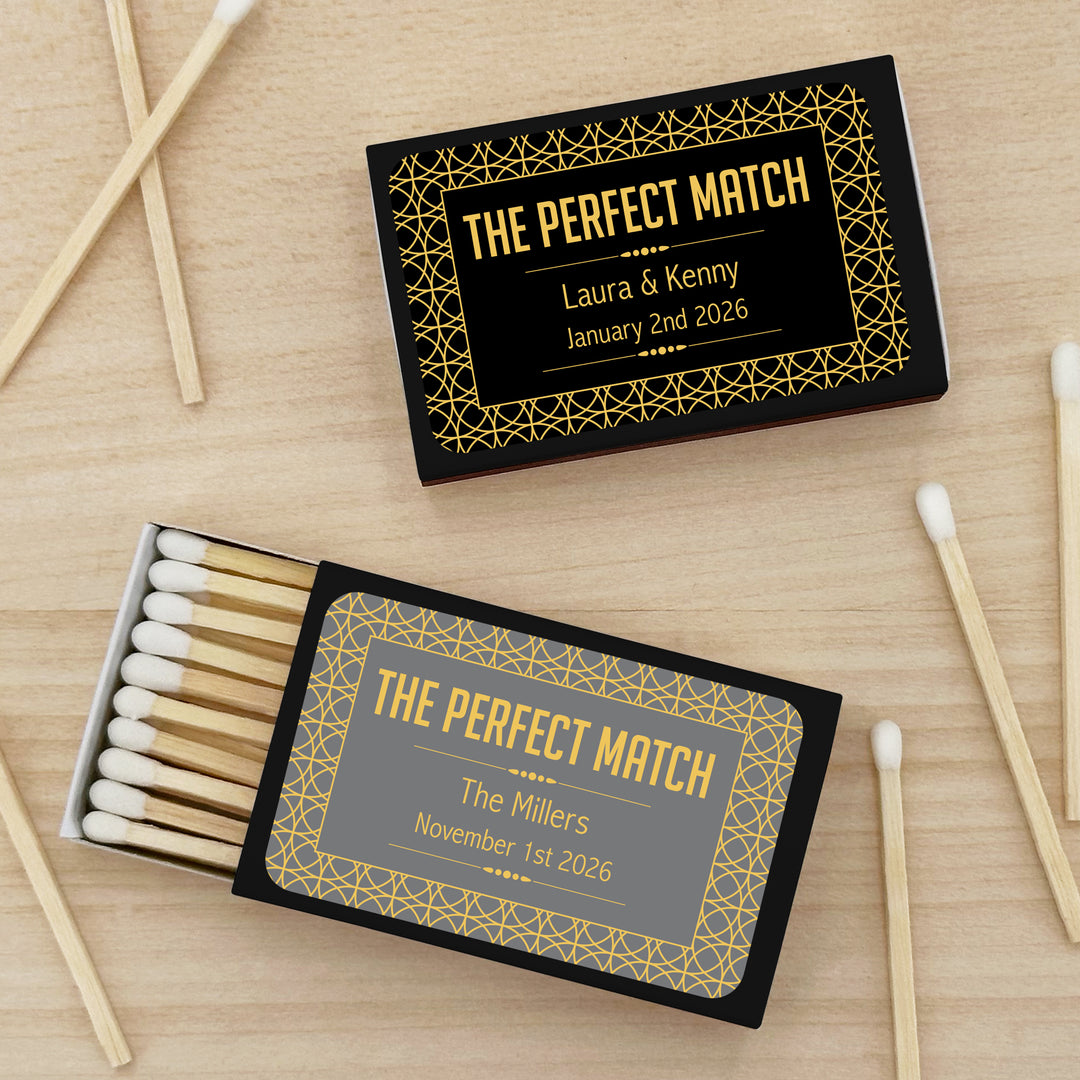 Wedding Favor Matches, "Perfect Match" Custom Matches, Personalized Matchboxes, Art Deco Wedding Vibe - Set of 50