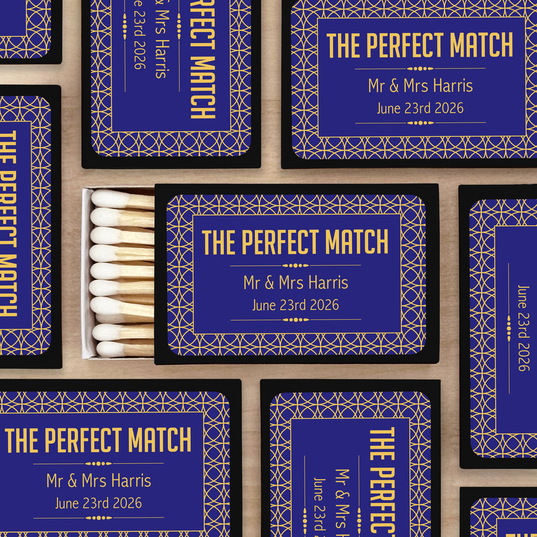 Wedding Favor Matches, "Perfect Match" Custom Matches, Personalized Matchboxes, Art Deco Wedding Vibe - Set of 50