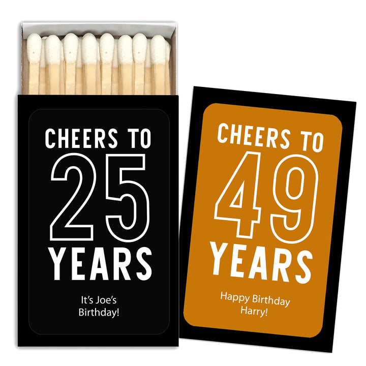 Birthday Party Favor Matches, Cheers to your Years, Personalized Matchboxes, Milestone Birthday Party -Set of 50