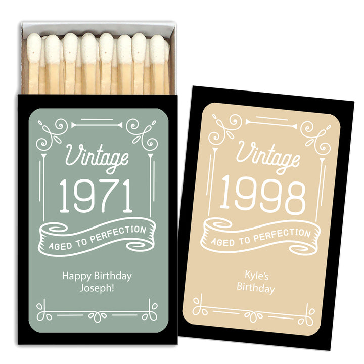 Birthday Party Favor Matches, Aged to Perfection Birthday Favors, Custom Matchboxes, Milestone Birthday Celebration -Set of 50
