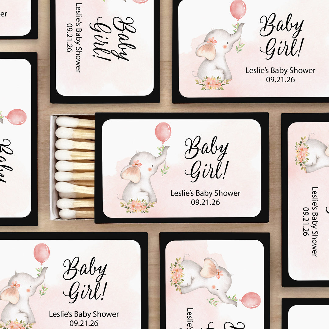 Baby Shower Favor Matches, Baby Girl Elephant (Set of 50)