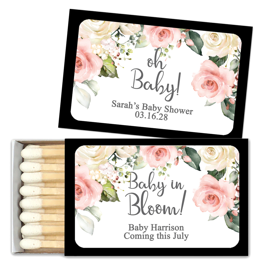 Baby Shower Favor Matches, Pink and White Floral (Set of 50)