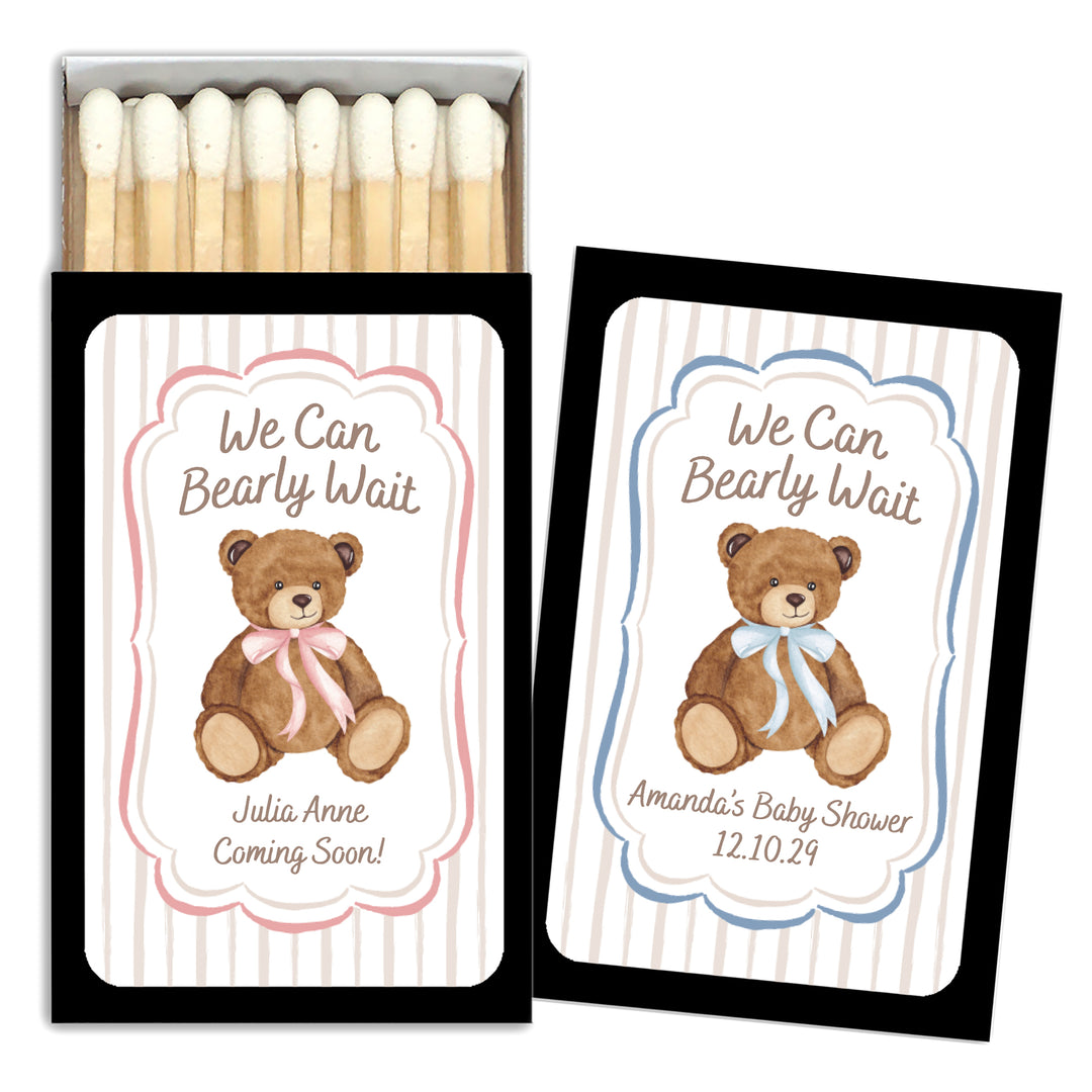 We Can Bearly Wait, Watercolor Bear, Baby Shower Favor Matches (Set of 50)
