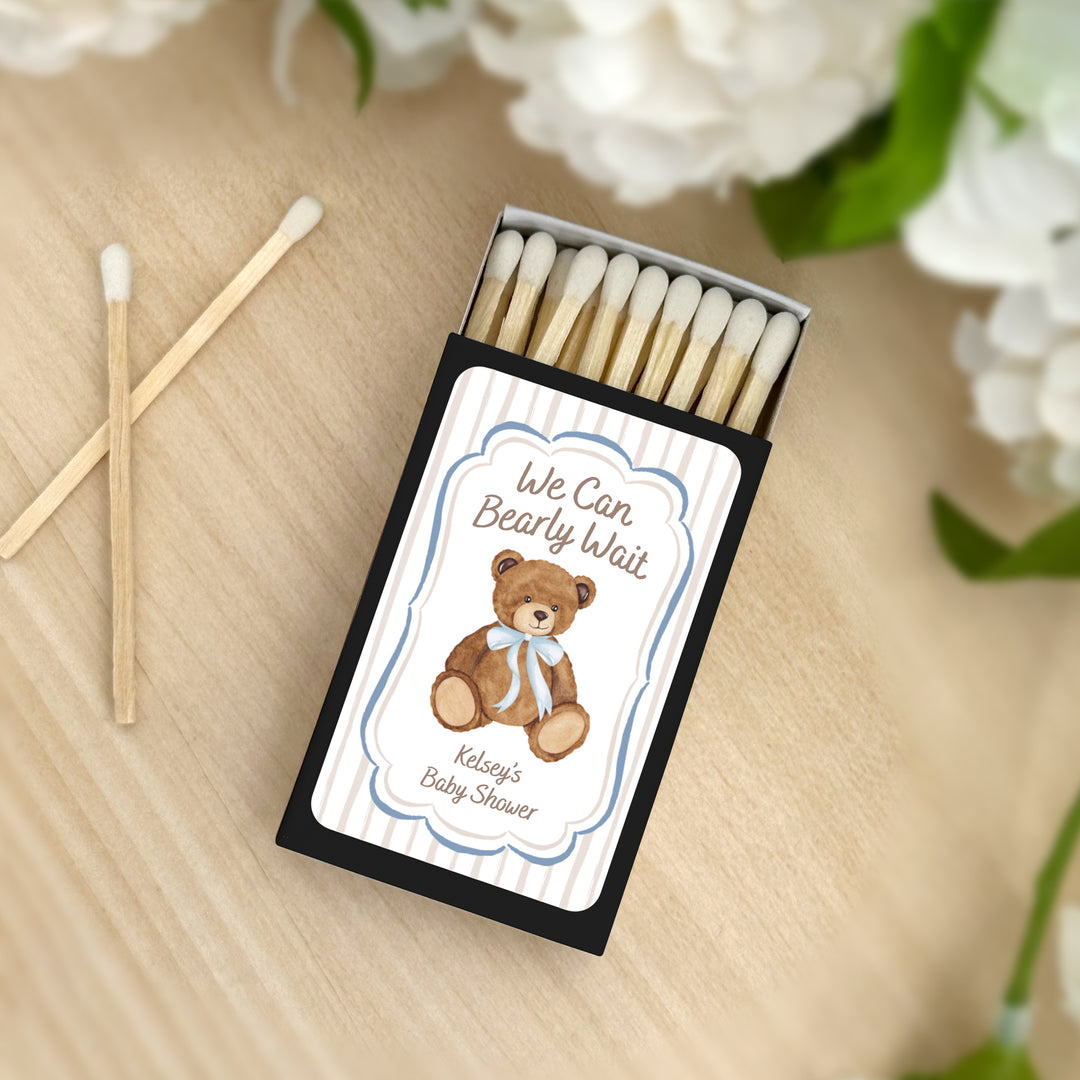 We Can Bearly Wait, Watercolor Bear, Baby Shower Favor Matches (Set of 50)