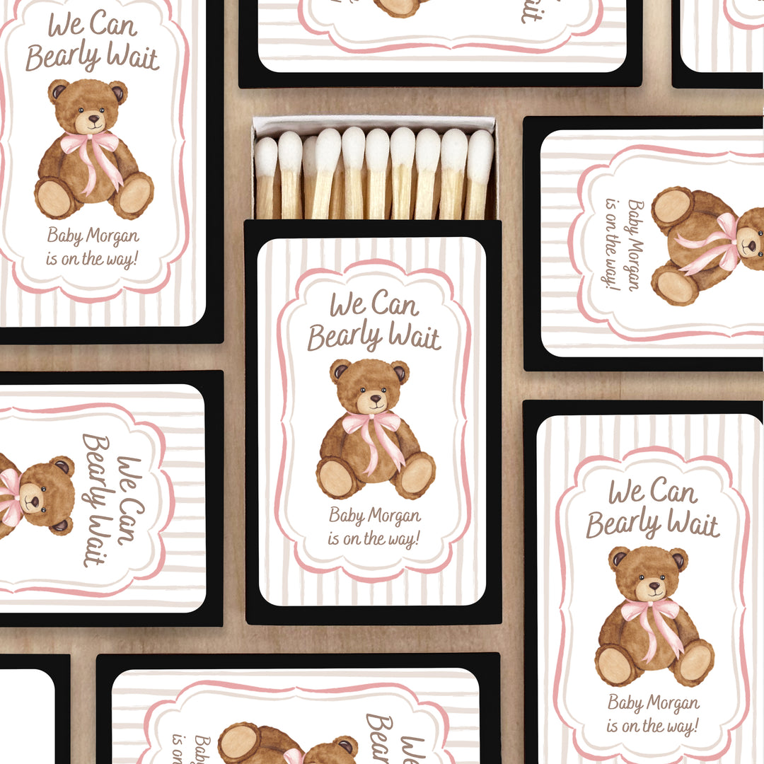 We Can Bearly Wait, Watercolor Bear, Baby Shower Favor Matches (Set of 50)