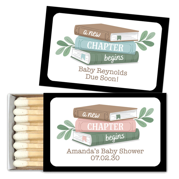 A New Chapter Begins, Book Themed Baby Shower, Baby Shower Favor Matches (Set of 50)
