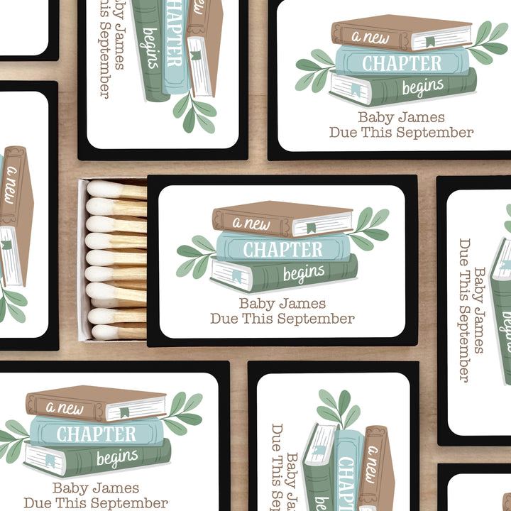 A New Chapter Begins, Book Themed Baby Shower, Baby Shower Favor Matches (Set of 50)